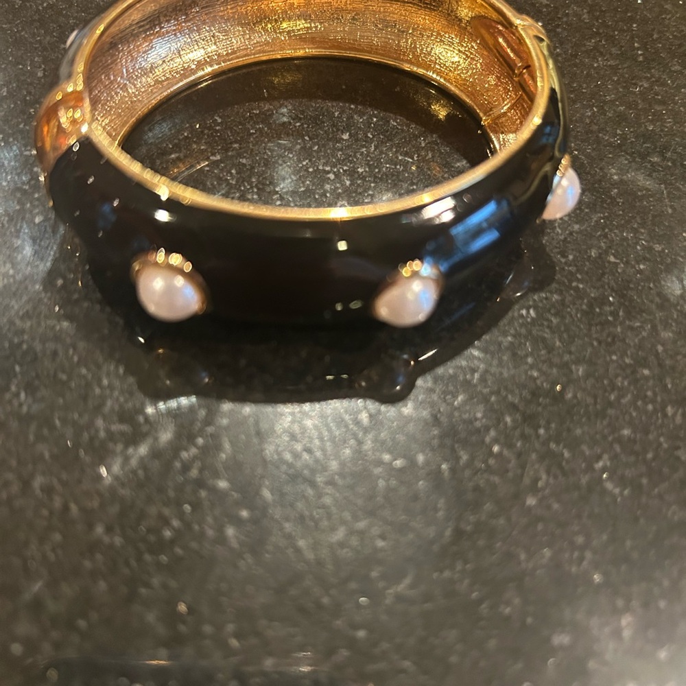 Gold-Tone Black Enamel Bangle with Pearl Accents - Picture 2 of 3